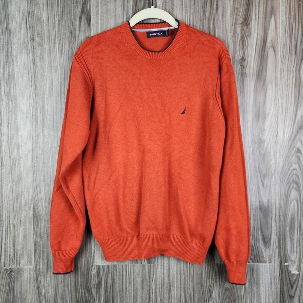 Nautica Mens Crewneck Sweater Burnt Orange Cotton Knit Pullover Size S Logo